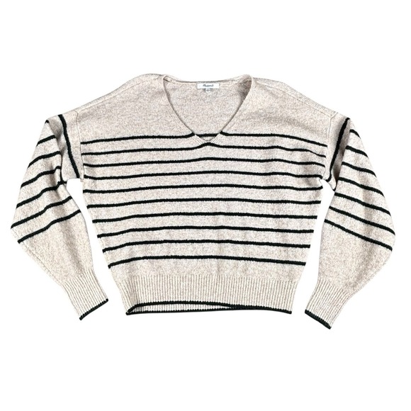 Madewell Sweaters - Madewell Striped V-Neck Sweater Women's Small Oatmeal Black Knit